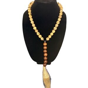 Natural Stone Beaded Necklace with Wooden Tassel Pendant